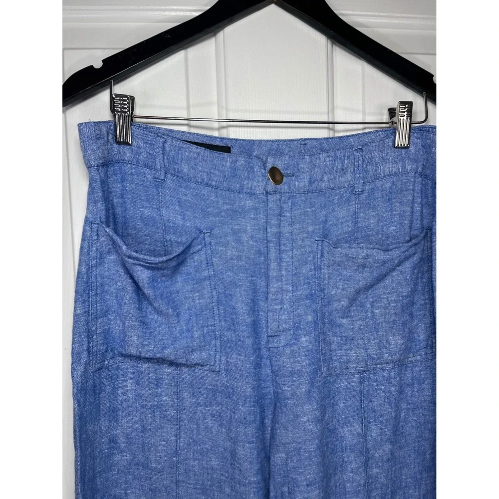 Zara Pants Womens XL Blue Linen Blend High Rise Wide Leg Cropped Patch Pocket